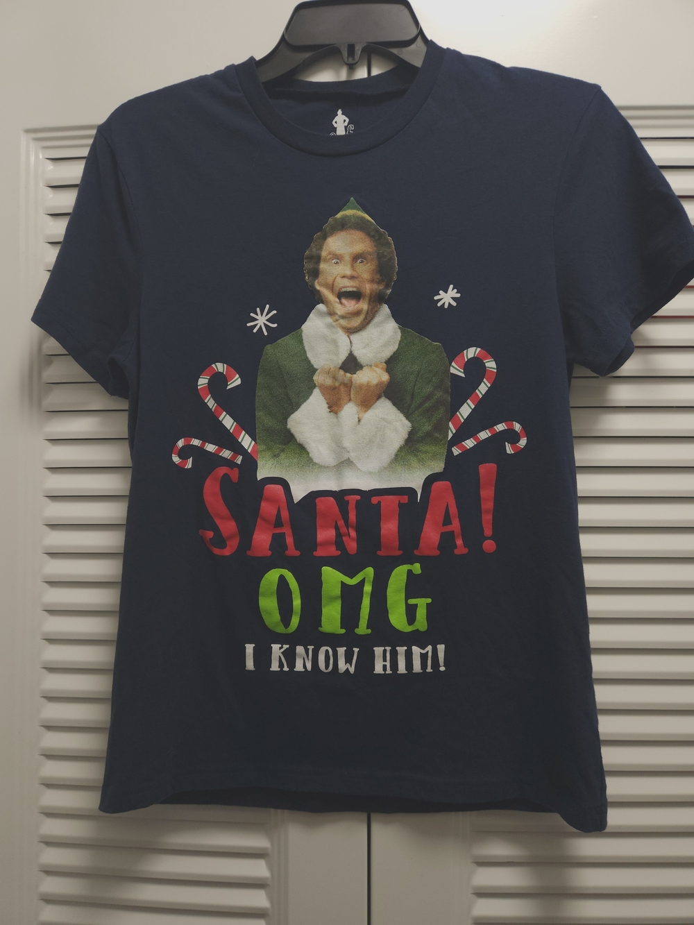 Elf "Santa! OMG I Know Him!" Graphic T-Shirt Women's Size Small Navy Blue